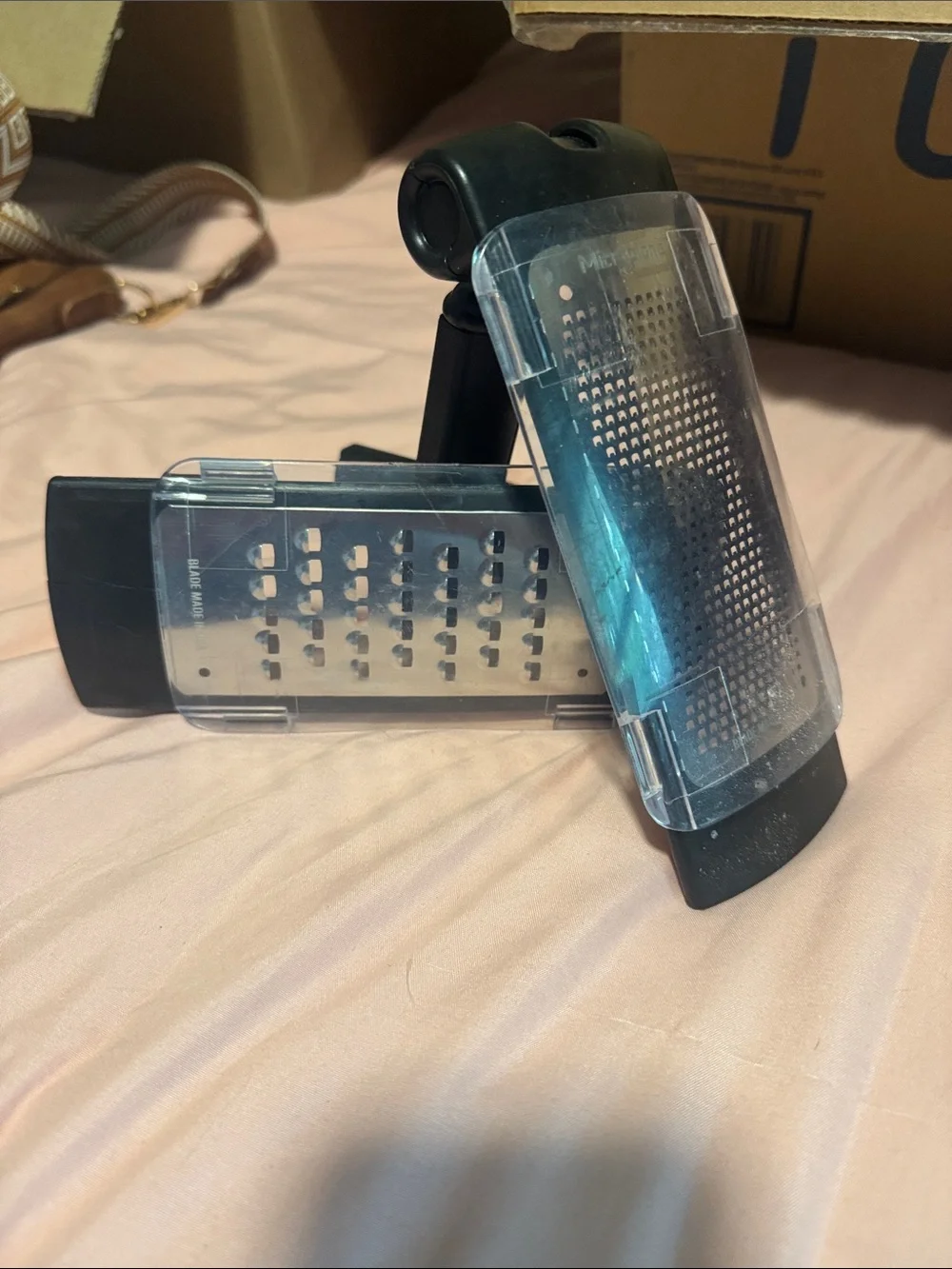 2 Pampered Chef Handheld Grater with Protective Covers - Black & Silver